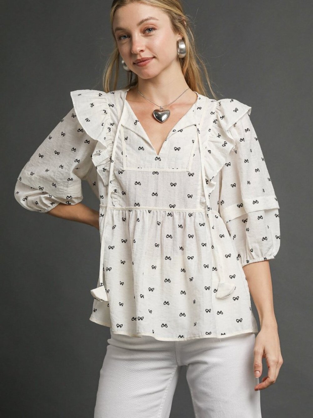 Ruffle Sleeve Bow Print Blouse